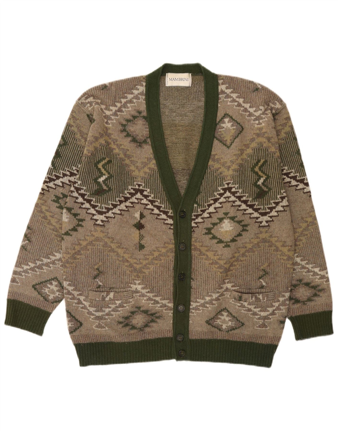 Maglione cardigan da uomo vintage in lana geometrica verde grande