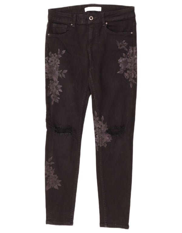 Jeans skinny invecchiati con grafica Zara da donna EU 36 XS W26 L26 Nero floreale