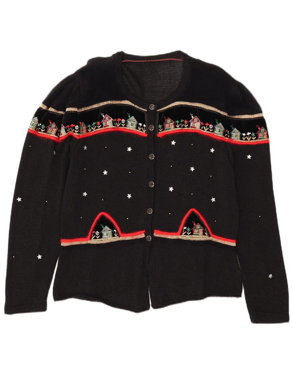 Maglione cardigan grafico da donna vintage UK 14 grande cotone nero