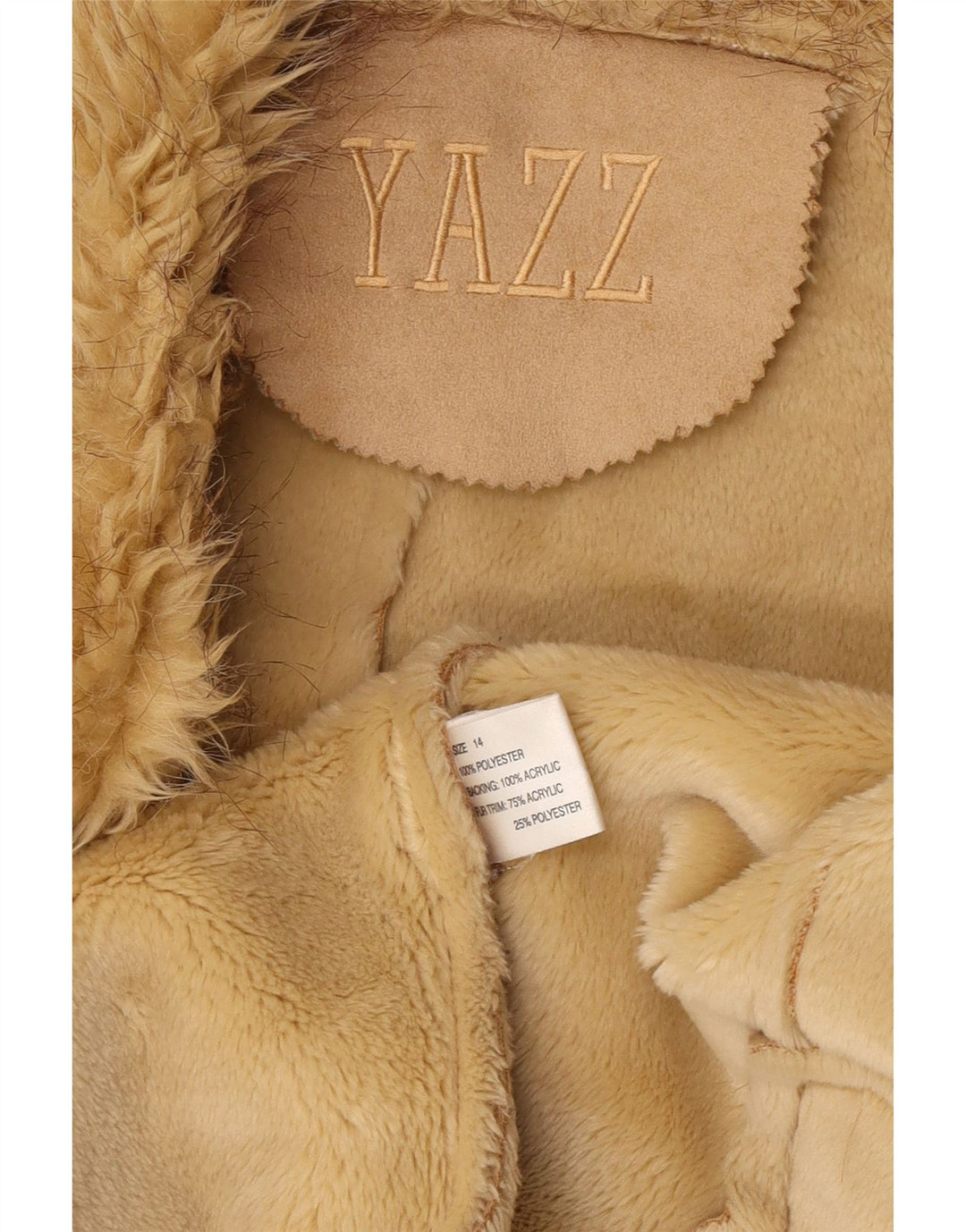 Giacca Sherpa aperta da donna vintage UK 14 grande poliestere beige