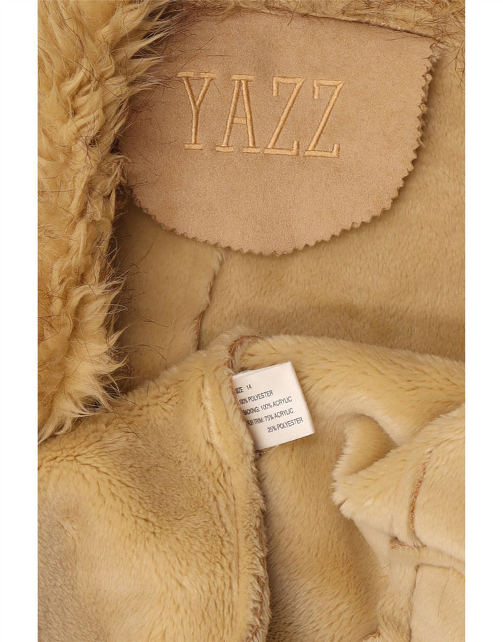 Giacca Sherpa aperta da donna vintage UK 14 grande poliestere beige