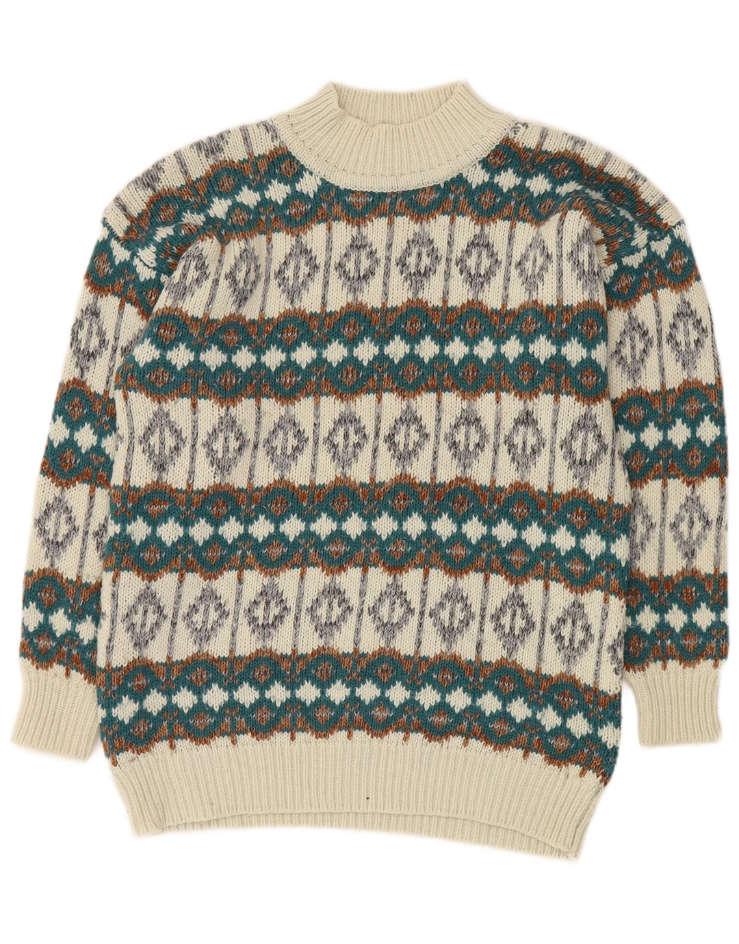 Maglione maglione collo alto da uomo VINTAGE bianco medio Fair Isle