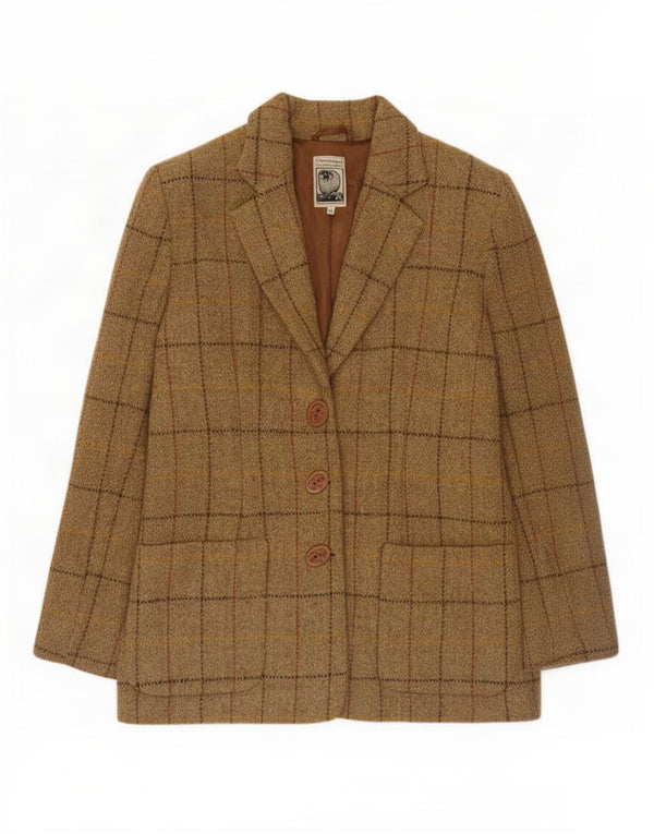 Harris Tweed Womens 3 Button Blazer Jacket UK 12 Medium Brown Check Wool