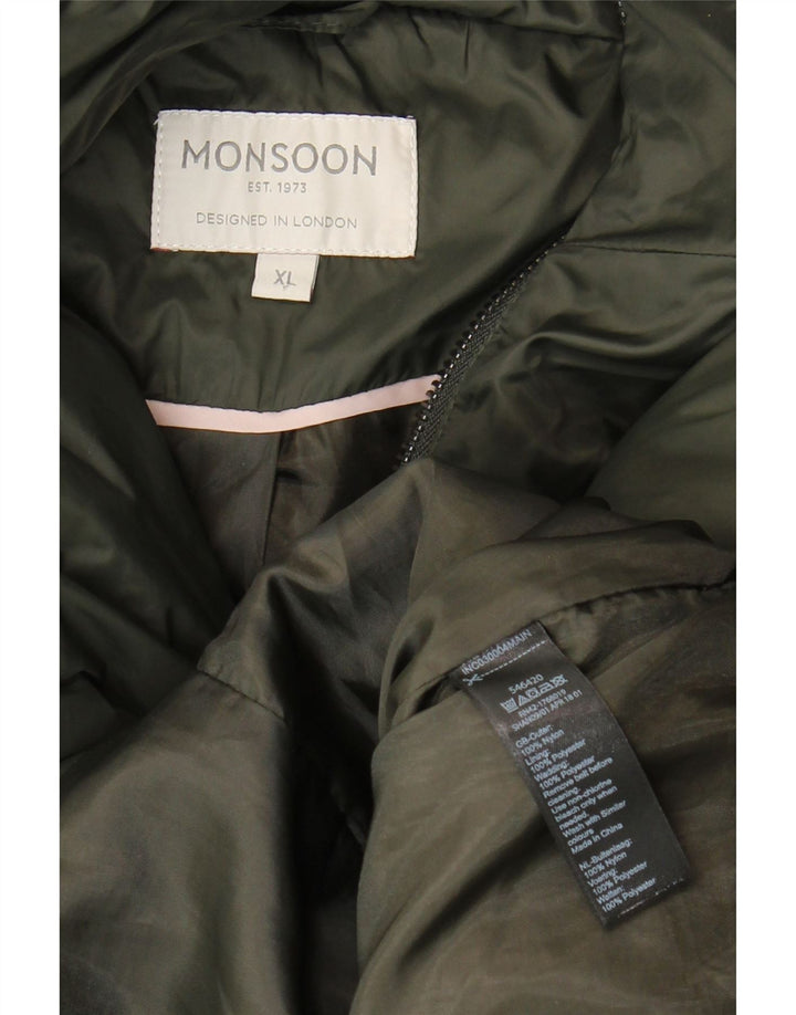 MONSOON Giacca imbottita con cappuccio da donna UK 18 XL Nylon kaki