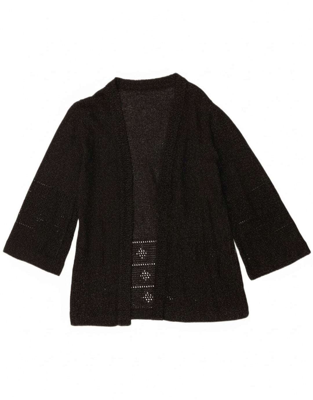 Maglione cardigan aperto con maniche a 3/4 vintage da donna UK 12 medio nero screziato