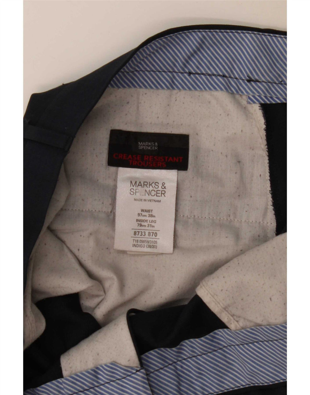 Pantaloni da abito dritti da uomo Marks & Spencer W38 L31 poliestere blu navy