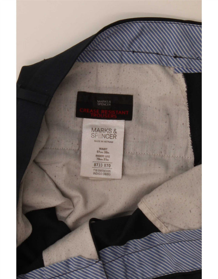 Pantaloni da abito dritti da uomo Marks & Spencer W38 L31 poliestere blu navy