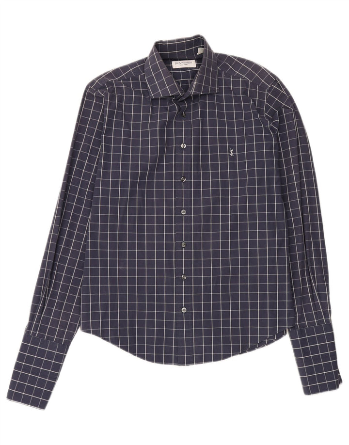 Camicia da uomo Yves Saint Laurent grande in cotone a quadri blu navy