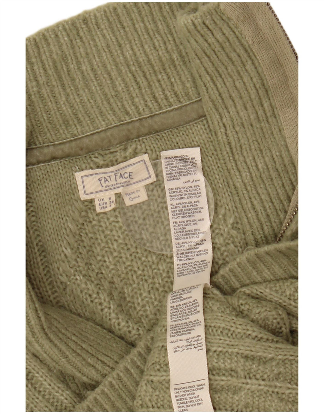 FAT FACE Maglione da donna con collo con zip UK 8 Piccolo kaki a rombi/diamante