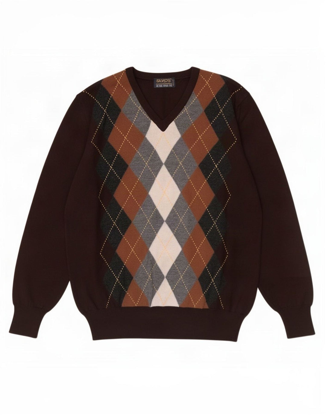 Maglione vintage da uomo con scollo a V IT 48 Marrone medio a rombi/diamante