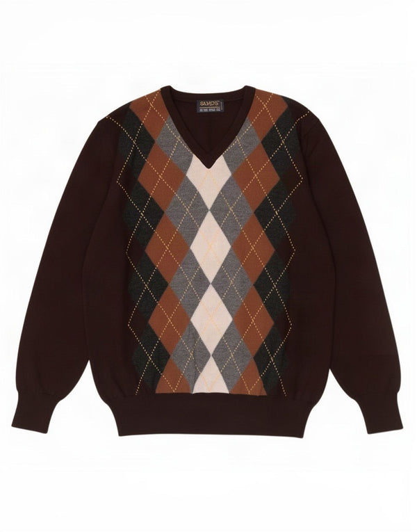 Maglione vintage da uomo con scollo a V IT 48 Marrone medio a rombi/diamante
