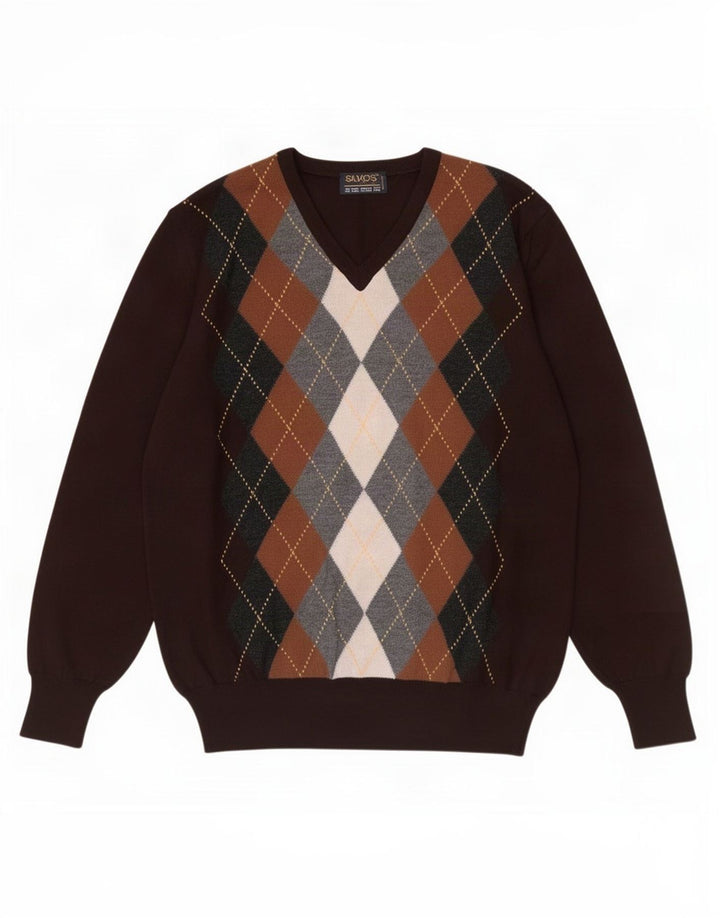 Maglione vintage da uomo con scollo a V IT 48 Marrone medio a rombi/diamante