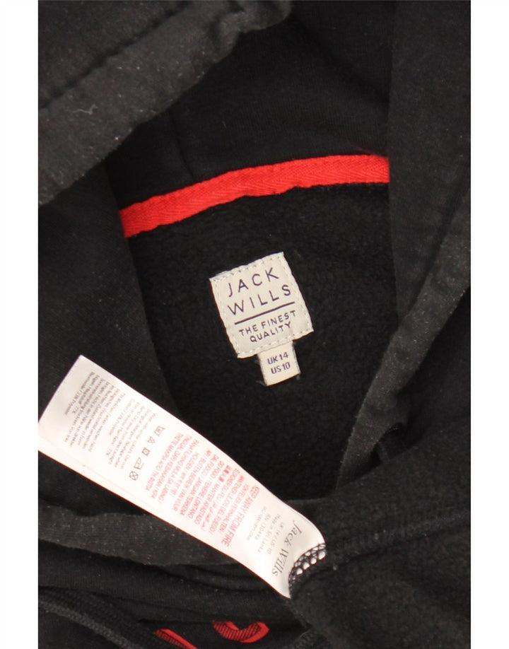 JACK WILLS Felpa con cappuccio grafica da donna UK 14 Grande cotone nero
