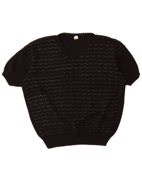 Maglione da donna VINTAGE a maniche corte con scollo a V UK 18 XL a righe nere