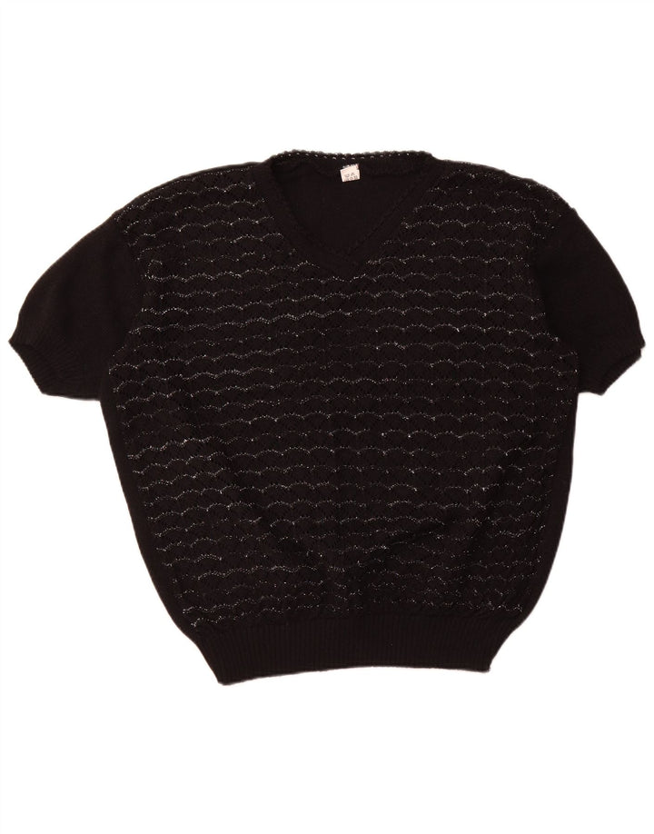 Maglione da donna VINTAGE a maniche corte con scollo a V UK 18 XL a righe nere