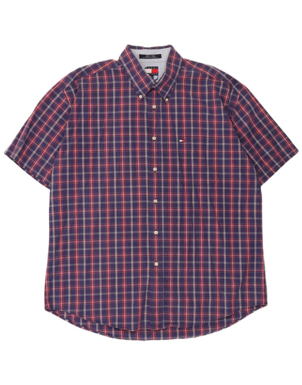 Camicia a maniche corte da uomo Tommy Hilfiger XL in cotone a quadri blu navy