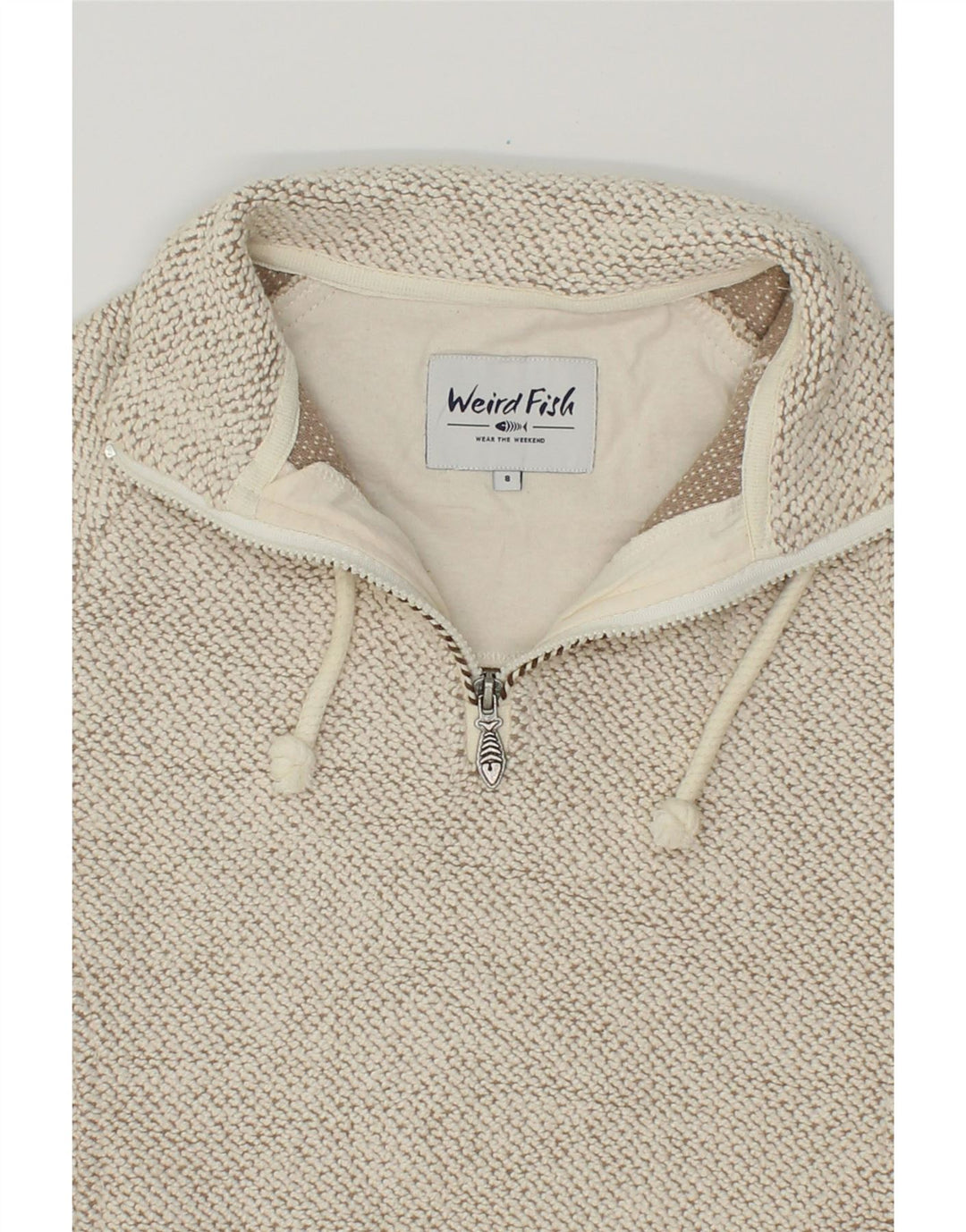 WEIRD FISH Womens Zip Neck Sweatshirt Jumper UK 8 Small  Beige Cotton Vintage Weird Fish and Second-Hand Weird Fish from Messina Hembry 
