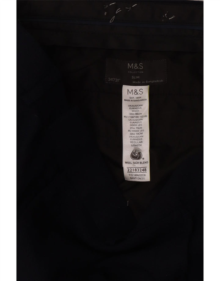 Pantaloni da abito slim da uomo Marks & Spencer W34 L31 Lana blu navy
