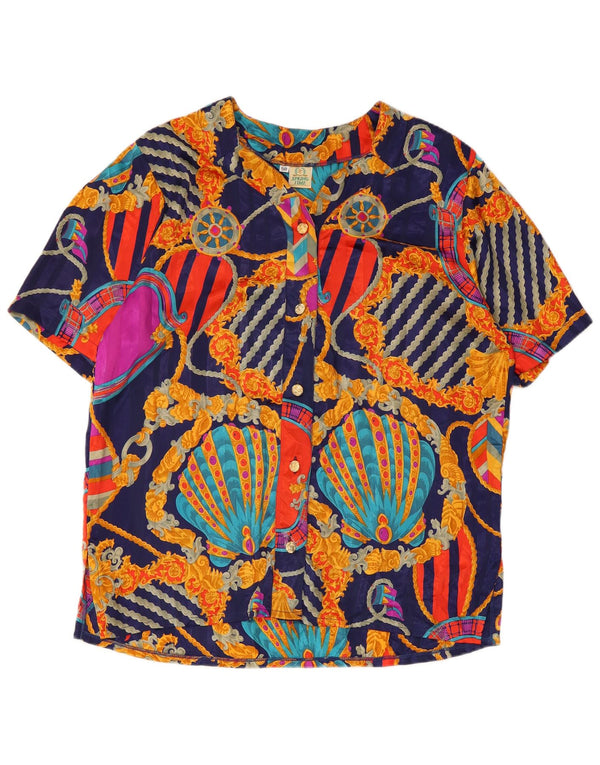 Camicetta camicia vintage da donna con motivo astratto IT 50 XL blu navy