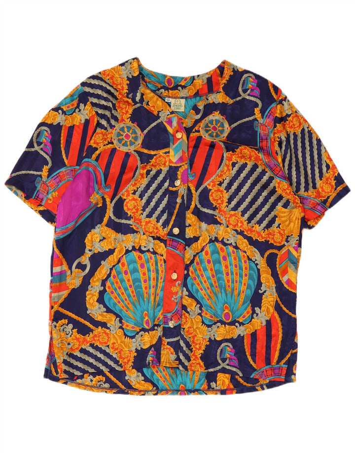 Camicetta camicia vintage da donna con motivo astratto IT 50 XL blu navy