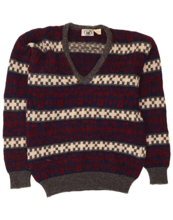 Maglione vintage da uomo con scollo a V in lana geometrica multicolore media