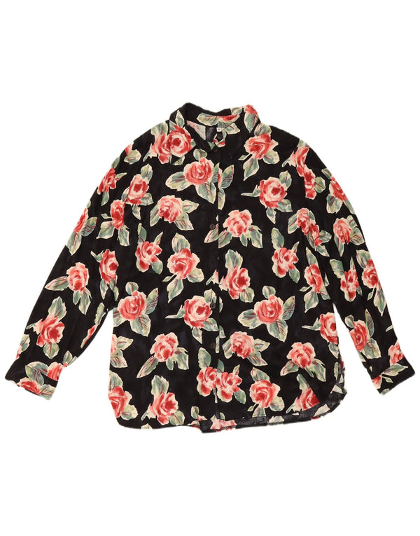 Camicetta camicia vintage da donna EU 46 XL viscosa floreale nera