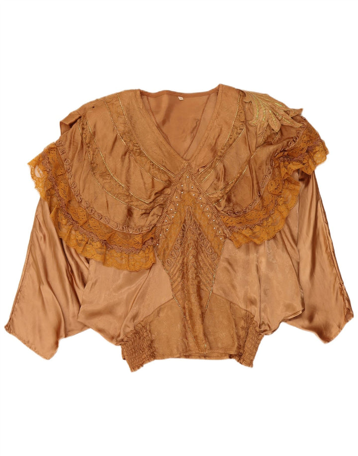 Camicetta a pipistrello da donna vintage con volant sul davanti EU 40/42 grande viscosa marrone