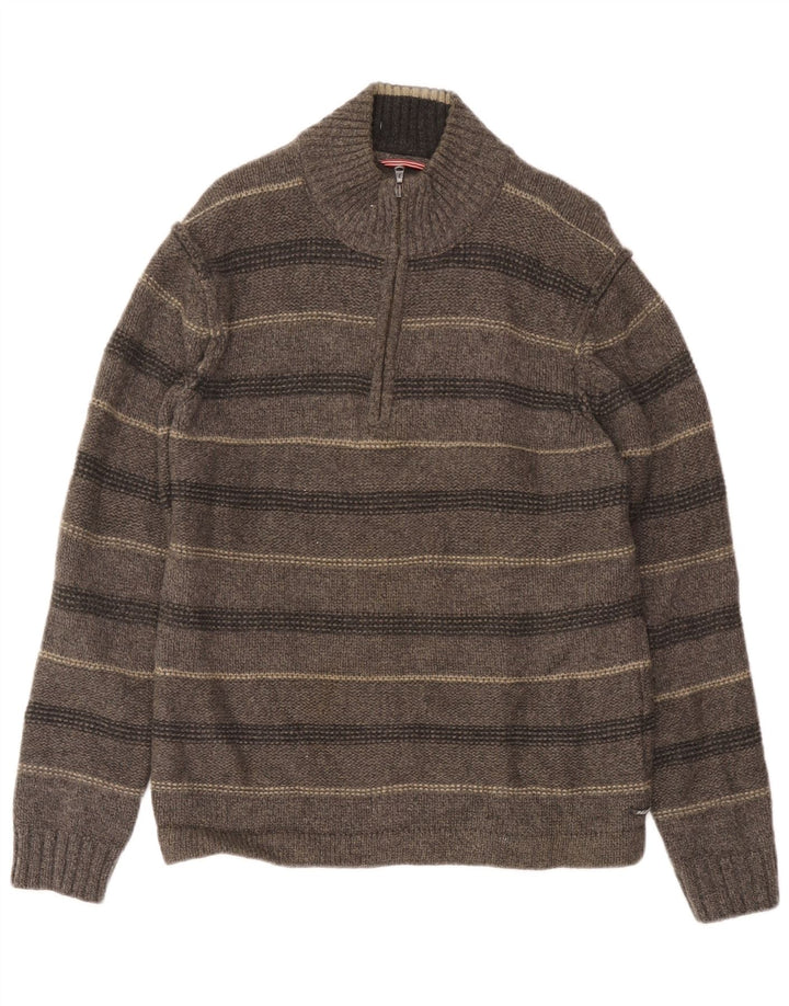 Maglione da uomo con zip sul collo di White Stuff, lana d'agnello a righe grigie di grandi dimensioni