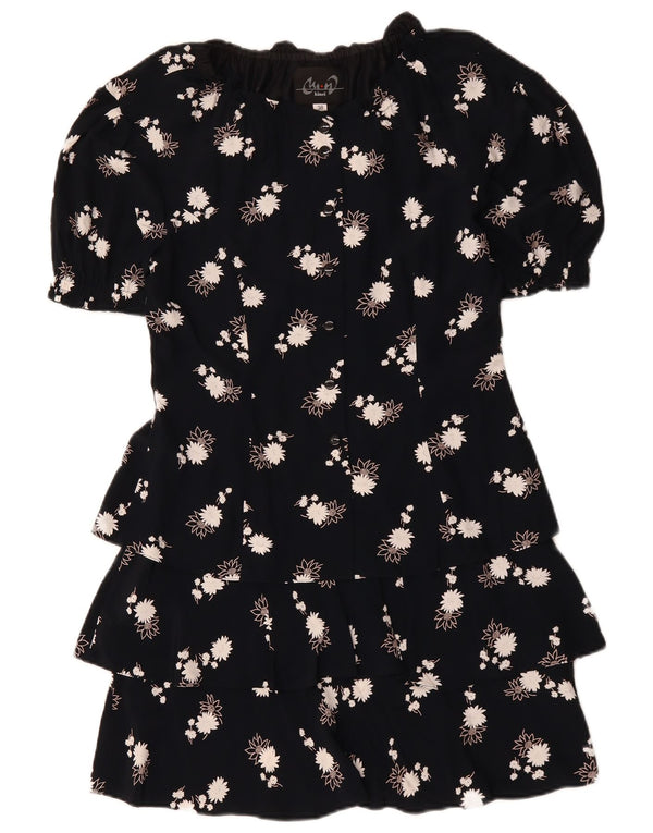 Abito peplo da donna VINTAGE EU 38 viscosa floreale blu navy medio