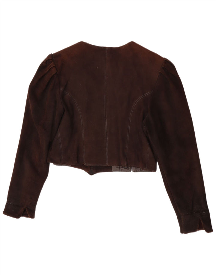 Giacca vintage in pelle scamosciata corta da donna UK 14 marrone medio floreale