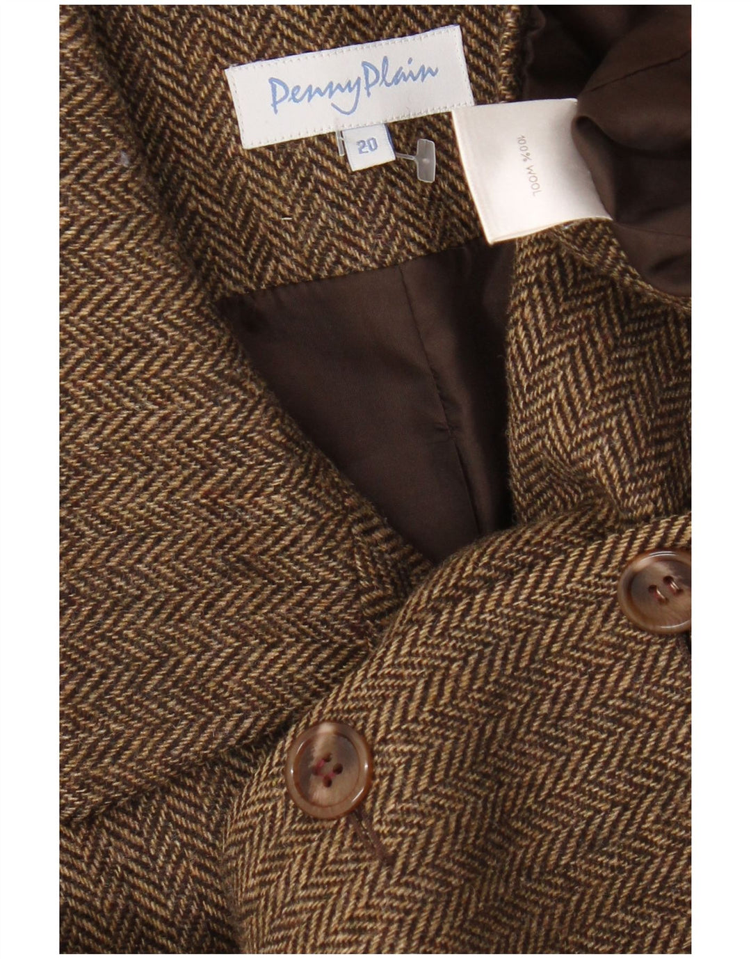 Giacca blazer a 4 bottoni da donna Penny Plain UK 20 2XL Lana a spina di pesce marrone