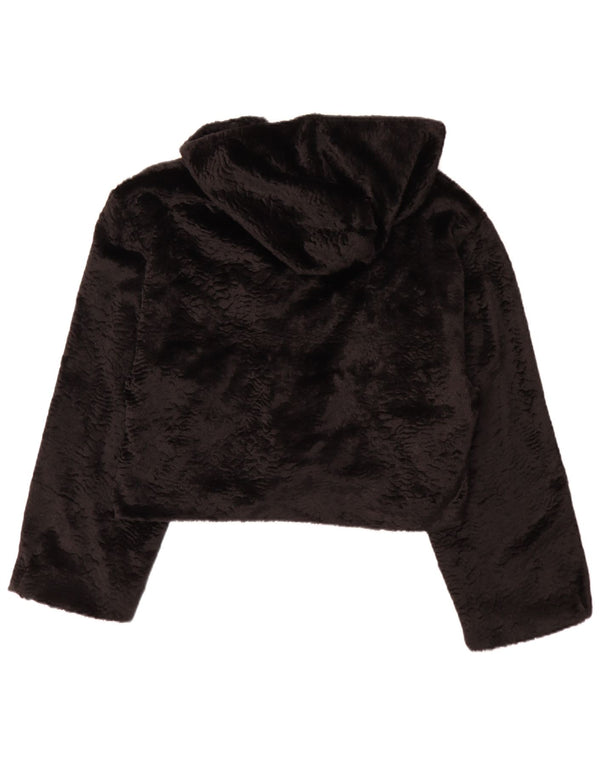 Giacca bolero vintage da donna con vestibilità rilassata in pelliccia sintetica con cappuccio UK 14 grande nera