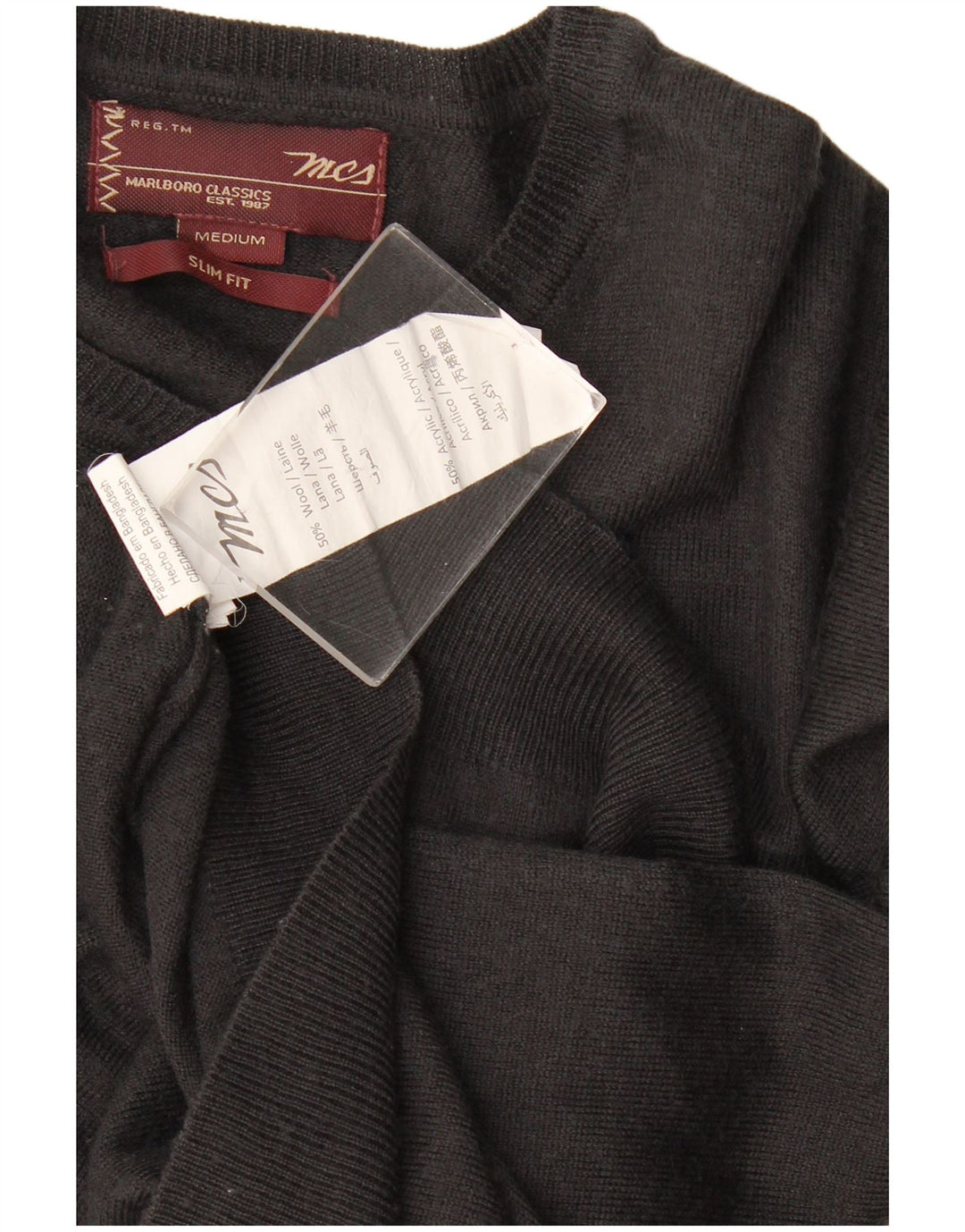Marlboro Classics Maglione da uomo slim fit con scollo a V in lana nera media