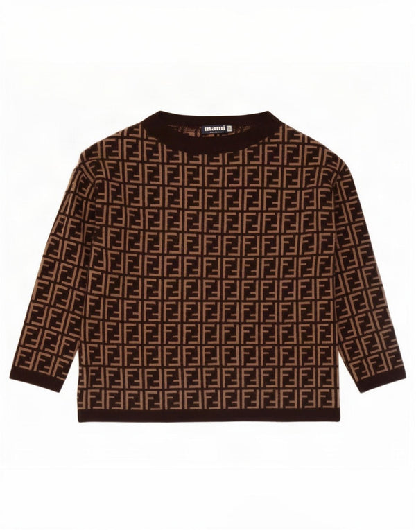 Vintage Womens Graphic Boat Neck Jumper Sweater UK 14 Medium Brown