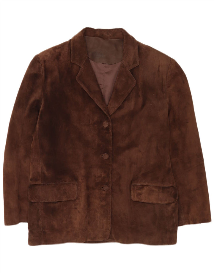 Giacca blazer vintage a 3 bottoni in pelle scamosciata da donna UK 12 Marrone medio