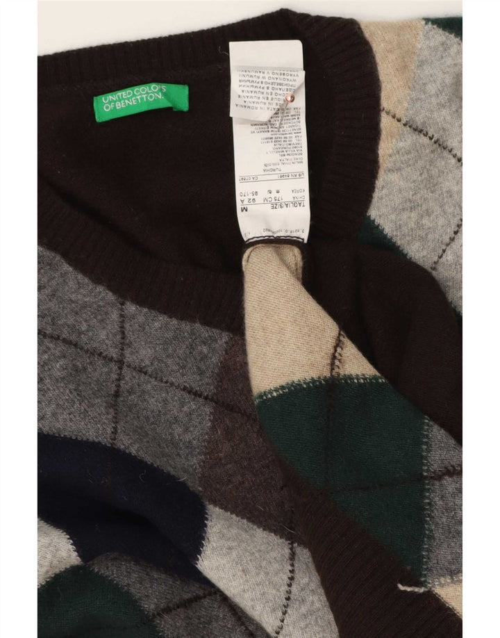 Maglione da uomo con scollo a V Benetton in lana a rombi/diamante marrone medio