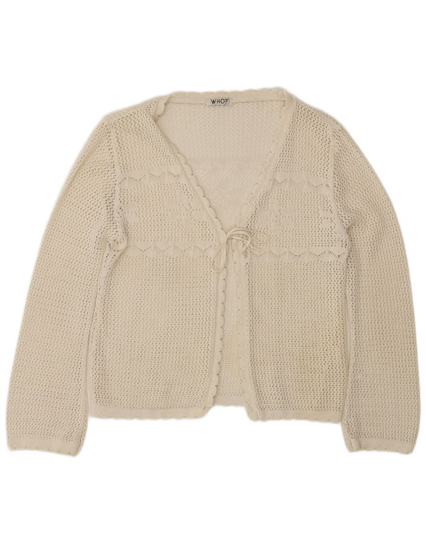 Maglione cardigan all'uncinetto da donna vintage UK 12 bianco medio