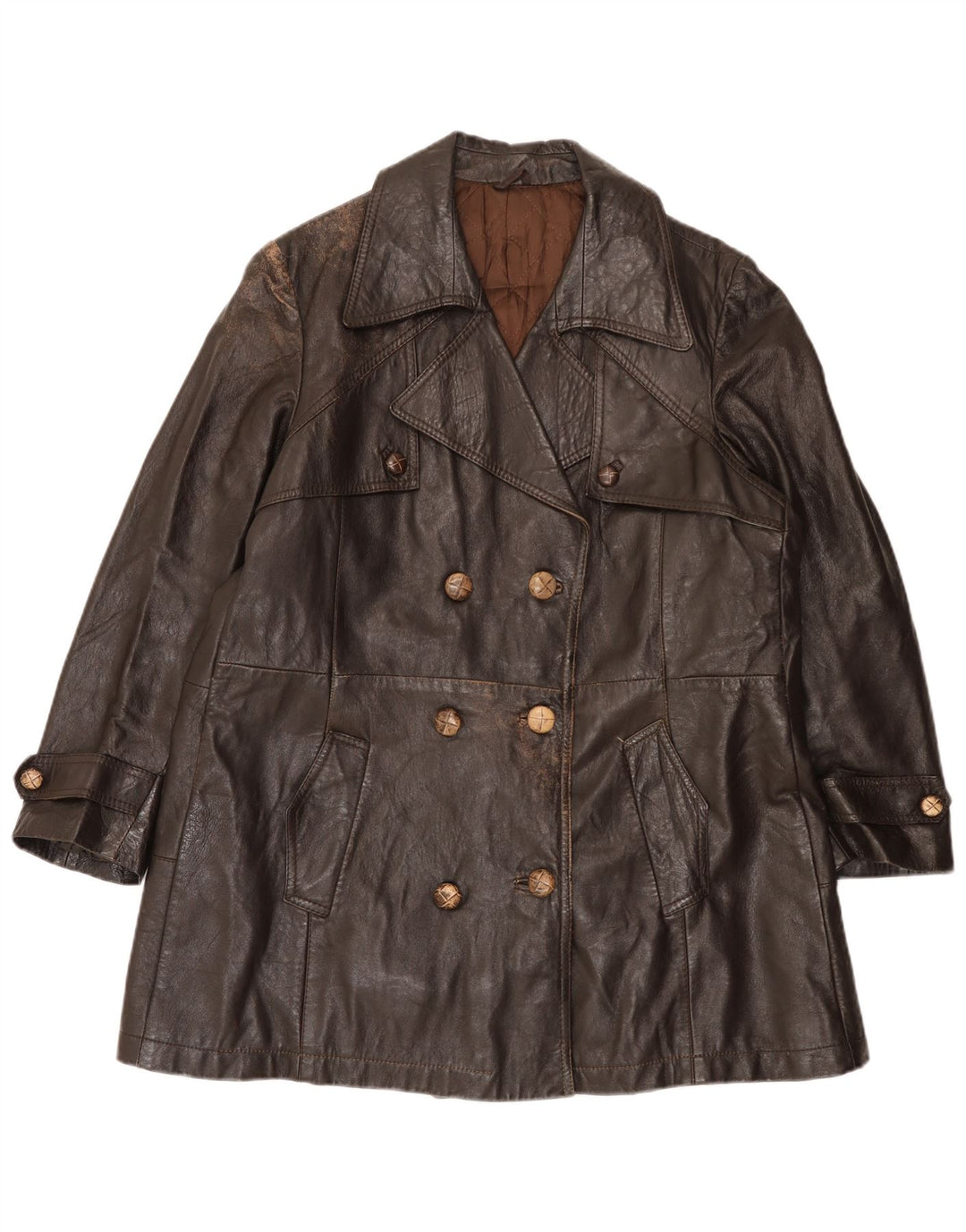 Cappotto in pelle doppiopetto vintage da donna UK 16 grande marrone