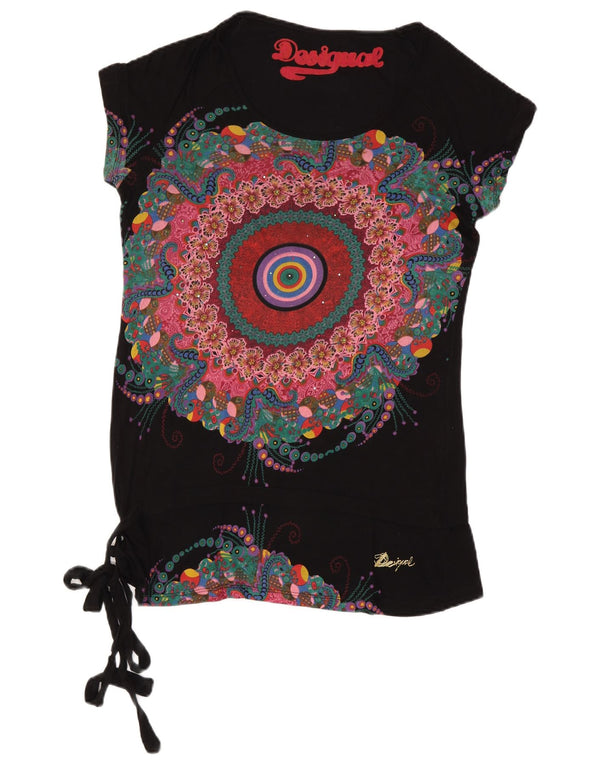 Desigual T-shirt grafica da donna Top UK 14 Large Black Floral