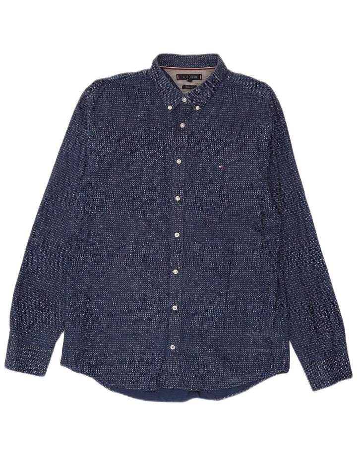 TOMMY HILFIGER Mens Regular Fit Shirt Large Navy Blue Flecked Cotton