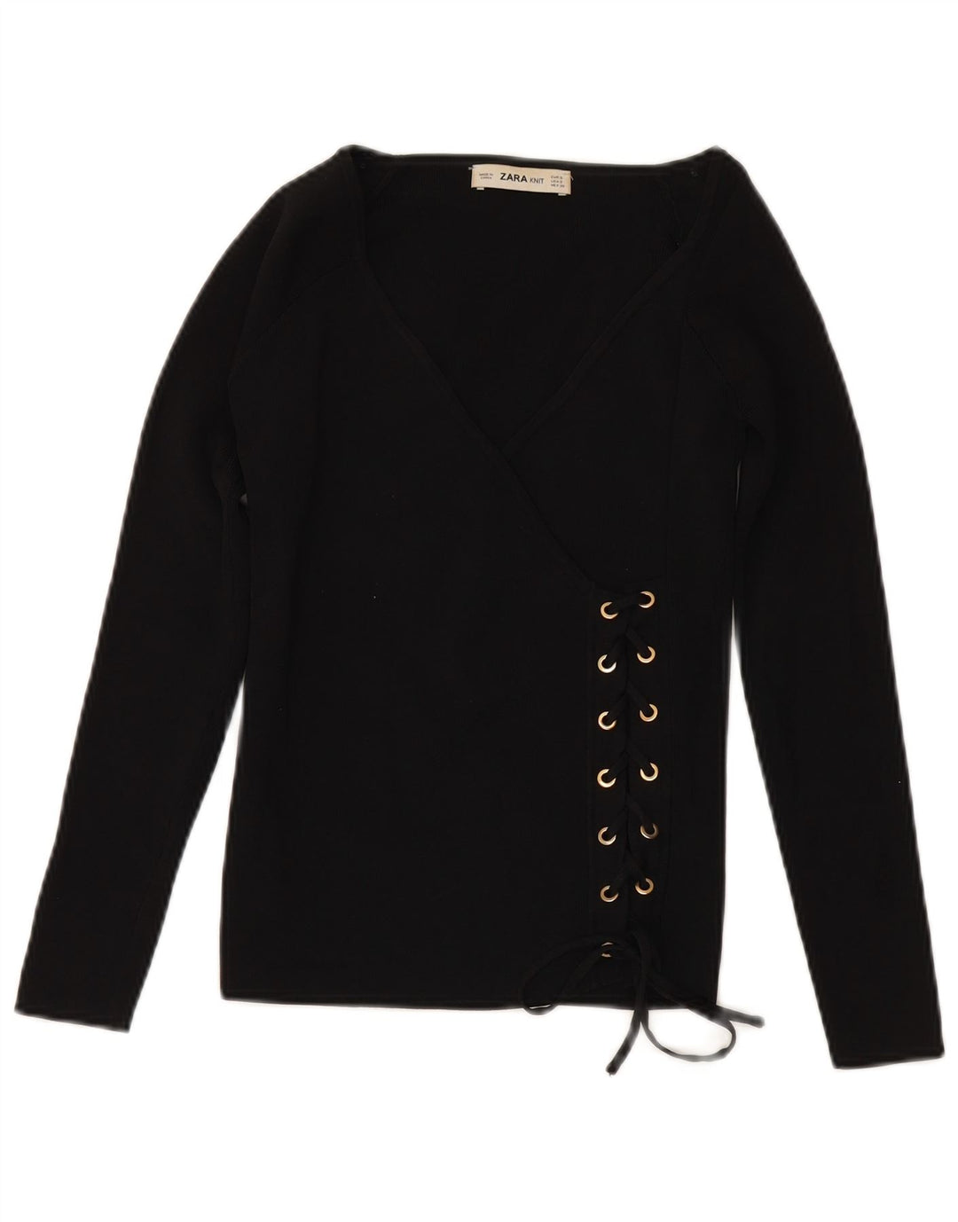 Maglione ZARA da donna con scollo a V e maniche a 3/4 UK 10 piccolo in viscosa nera