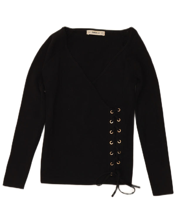 Maglione ZARA da donna con scollo a V e maniche a 3/4 UK 10 piccolo in viscosa nera