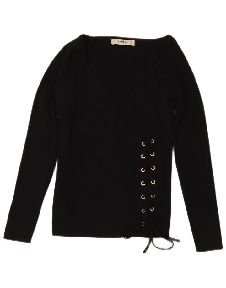 Maglione ZARA da donna con scollo a V e maniche a 3/4 UK 10 piccolo in viscosa nera