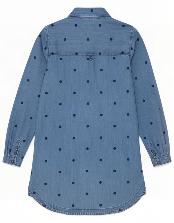 White Stuff Abito in denim a maniche lunghe da donna UK 10 Piccoli pois blu