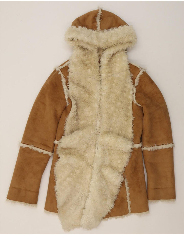 BLACK RIVET Womens Hooded Shearling Coat UK 14 Medium Brown Vintage Black Rivet and Second-Hand Black Rivet from Messina Hembry 