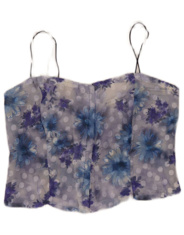 Top corsetto trasparente da donna vintage UK 10 piccolo floreale blu
