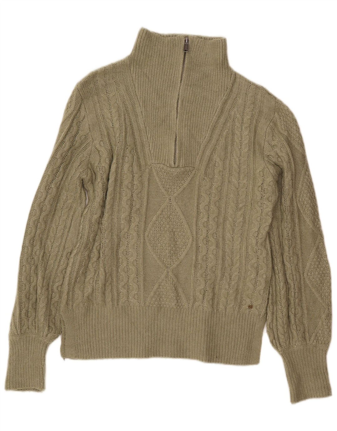 FAT FACE Maglione da donna con collo con zip UK 8 Piccolo kaki a rombi/diamante