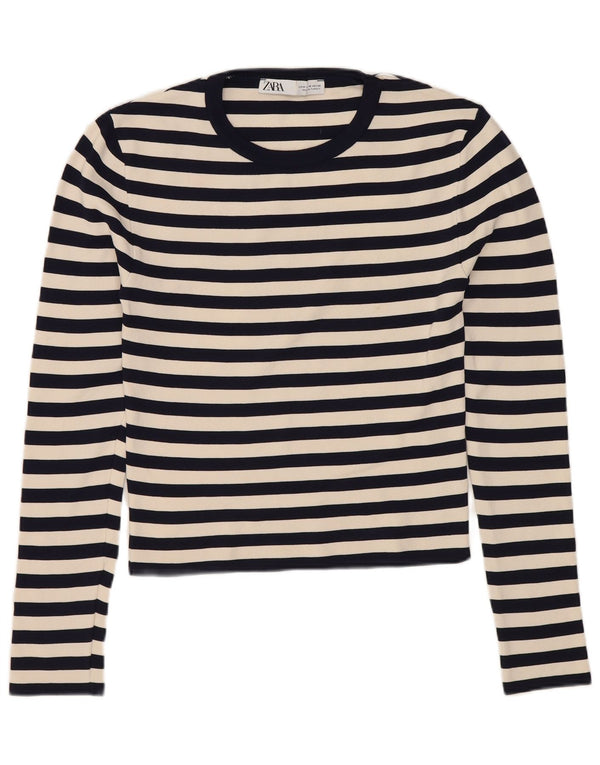 ZARA Top Corto da Donna a Maniche Lunghe UK 12 Medio Poliammide a Righe Blu Navy