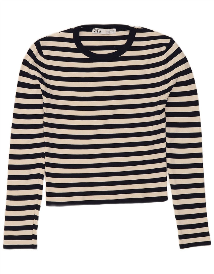ZARA Top Corto da Donna a Maniche Lunghe UK 12 Medio Poliammide a Righe Blu Navy