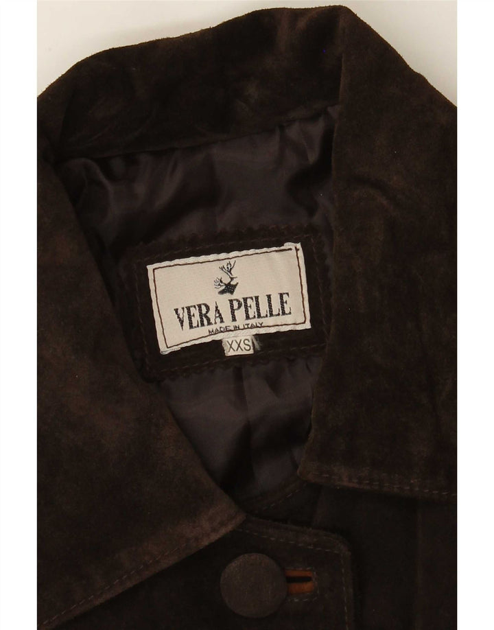 Soprabito oversize in pelle scamosciata vintage da donna UK 2 2XS in pelle marrone